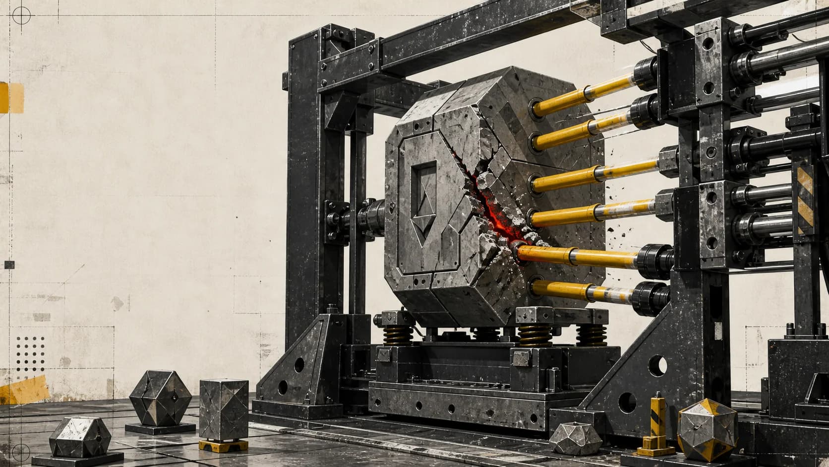 Physical protocol impact rig striking a smart-contract vault specimen